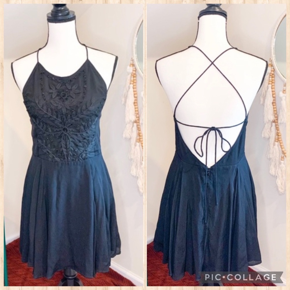 Lovers + Friends Black Embroidered Beaded Sexy Open Back Mini Dress